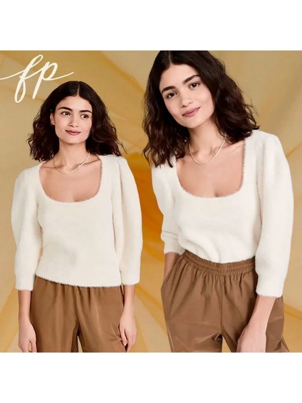 FREE PEOPLE NWT Moonbeam Fuzzy 3/4 Puff Sleeve Cropped Scoop Neck Sweater/Lg